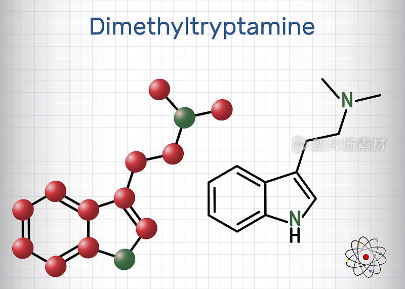 N,N-二甲基色胺，二甲基色胺，DMT分子。它是色胺生物碱，吲哚胺衍生物，5 -羟色胺能致幻剂。笼子里的一张纸